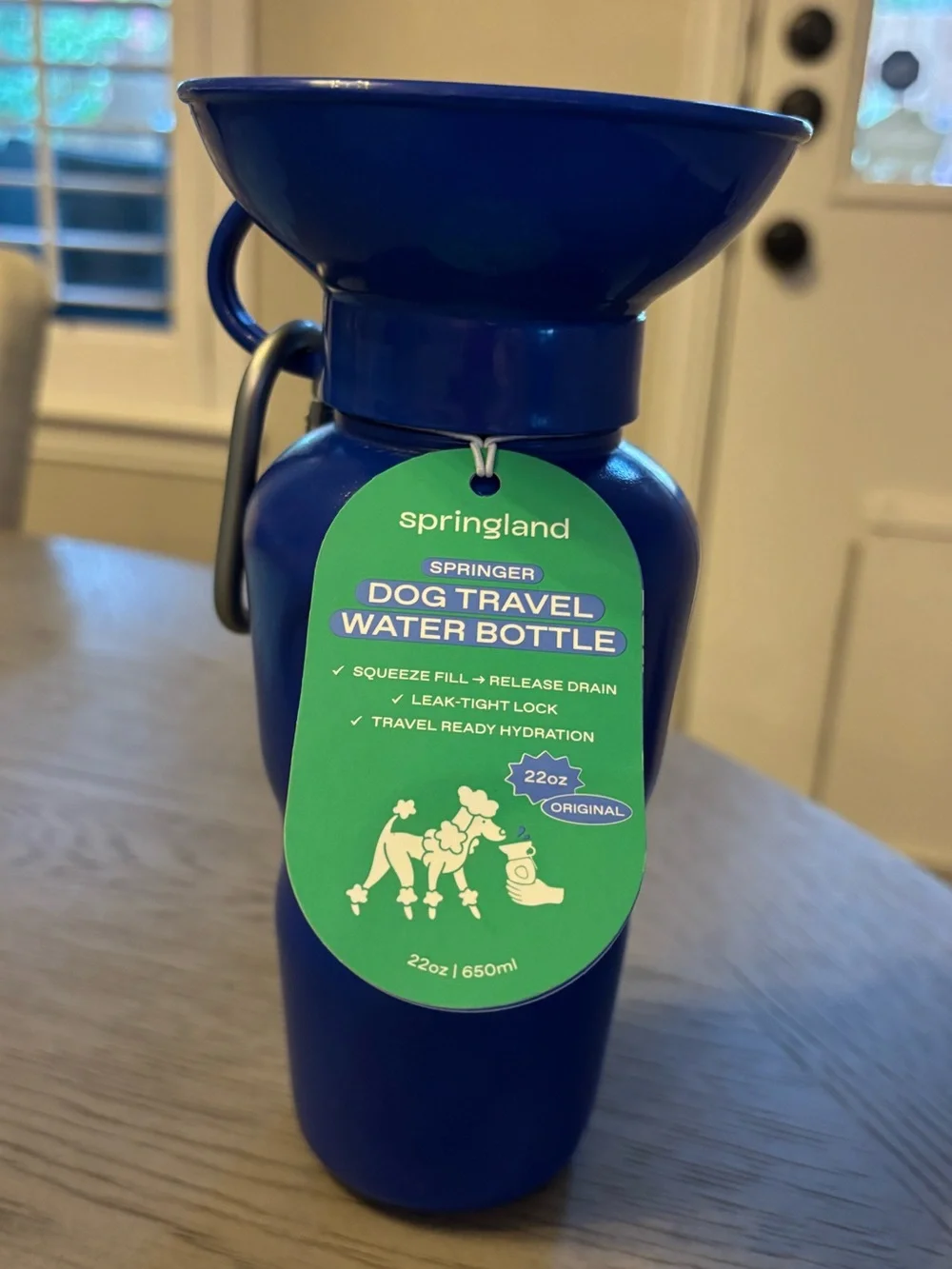 NWT Springland Springer Blue Dog Travel Water Bottle with Built-In Bowl 22 oz